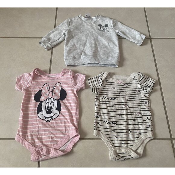 Lot of 3 Disney Baby Girl 3-6 Months Body Suit & Sweatshirt Mickey Minnie Mouse - Picture 1 of 9